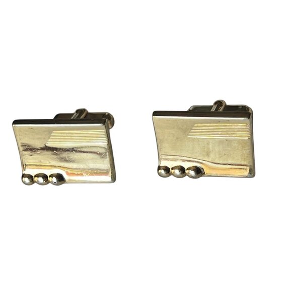 Vintage MCM Gold Tone Geometric Cufflinks With Stripes & Raised Dots - Picture 2 of 7